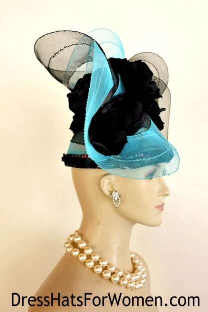 Turquoise Black Haute Couture Designer Luxury Statement Hat, NYFashionHats Millinery, Formal Wedding Dress Church Pillbox Hat, Carolina