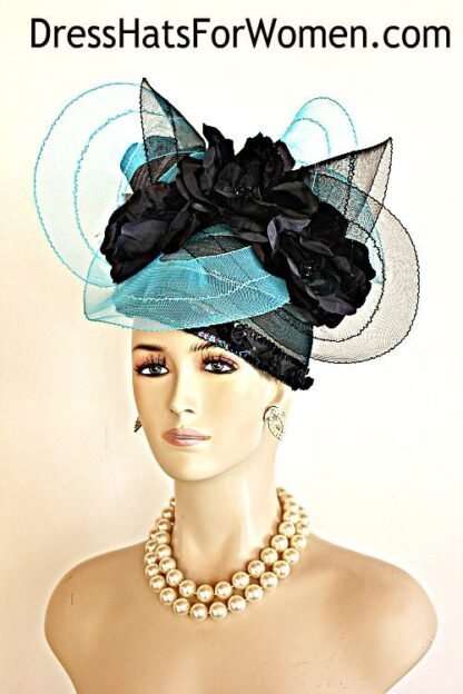 Turquoise Black Haute Couture Designer Luxury Statement Hat, NYFashionHats Millinery, Formal Wedding Dress Church Pillbox Hat, Carolina - Image 2