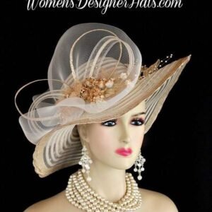 Hats For Horse Races, Designer Hats For Women, Haute Couture Dress Hat, Coffee Beige Formal Church Hat, Royal Ascot Hat, NYFashionHats Q289