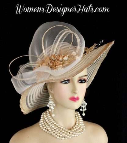 Hats For Horse Races, Designer Hats For Women, Haute Couture Dress Hat, Coffee Beige Formal Church Hat, Royal Ascot Hat, NYFashionHats Q289