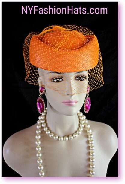 Orange Pillbox Wedding Bridal Hat, Cocktail Hat Fascinator, Mother Of The Bride Church Temple Hat, Dress Hats With Veils, NYFashionHats Liz - Image 5