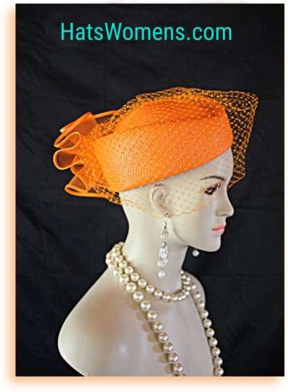 Orange Pillbox Wedding Bridal Hat, Cocktail Hat Fascinator, Mother Of The Bride Church Temple Hat, Dress Hats With Veils, NYFashionHats Liz