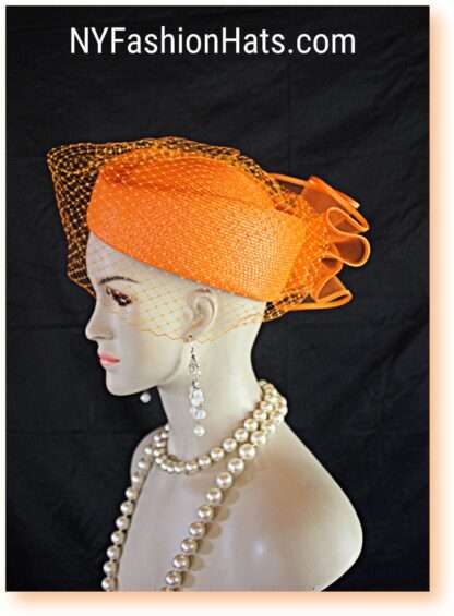 Orange Pillbox Wedding Bridal Hat, Cocktail Hat Fascinator, Mother Of The Bride Church Temple Hat, Dress Hats With Veils, NYFashionHats Liz - Image 3