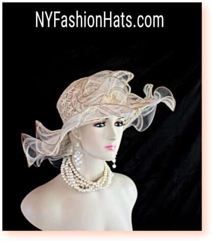 Ladies Coffee Beige Ivory Ruffled Edge Wide Brim Dress Hat, Hats For Weddings Brides, Designer Church Hats For Women, NYFashionHats Donna