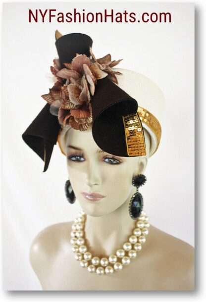 Ivory Brown Formal Pillbox Wedding Hat, Haute Couture Hats Millinery, NYFashionHats - Image 3