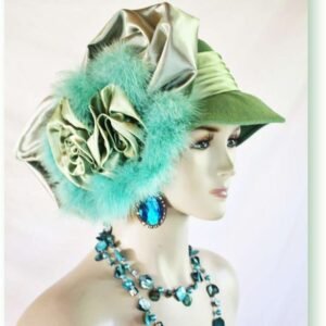 Couture Lime Sage Seafoam Green Winter Wool Designer Feathered Satin Big Bow Hat, Church Wedding Formal Hat, NYFashionHats Millinery Beth