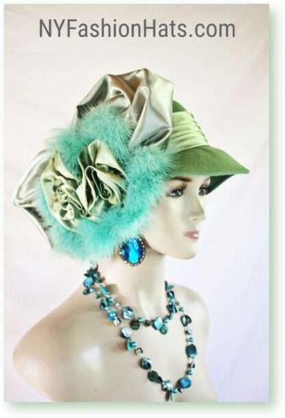 Couture Lime Sage Seafoam Green Winter Wool Designer Feathered Satin Big Bow Hat, Church Wedding Formal Hat, NYFashionHats Millinery Beth