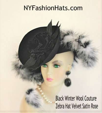 Couture Designer Hats For Women, Black Winter Wool Zebra Fur Feather Hat, NYFashionHats Millinery, Temple Church Dress Formal Hat, Karen