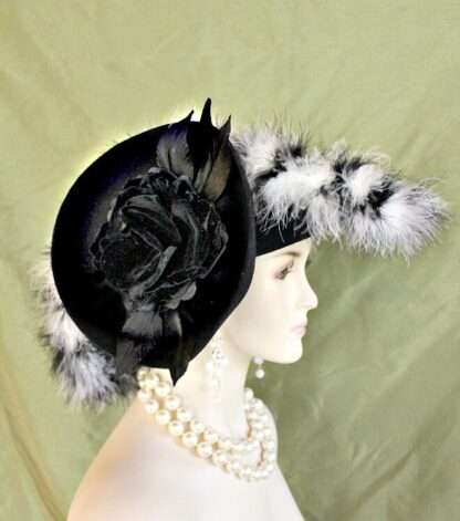 Couture Designer Hats For Women, Black Winter Wool Zebra Fur Feather Hat, NYFashionHats Millinery, Temple Church Dress Formal Hat, Karen - Image 3