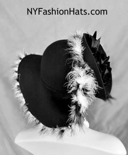 Couture Designer Hats For Women, Black Winter Wool Zebra Fur Feather Hat, NYFashionHats Millinery, Temple Church Dress Formal Hat, Karen - Image 6