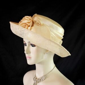 Women's Champagne Beige Designer Sinamay Straw Satin Dress Hat, Elegant Wedding Church Formal Sabbath Hat, Hats For Holidays, NYFashionHats