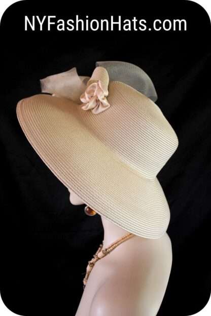 Luxury Statement Dress Hats, Motf Premium Couture Designer Camel Beige Satin Rosette Hat, NYFashionHats Millinery, Formal Wedding Hat, Penny - Image 3