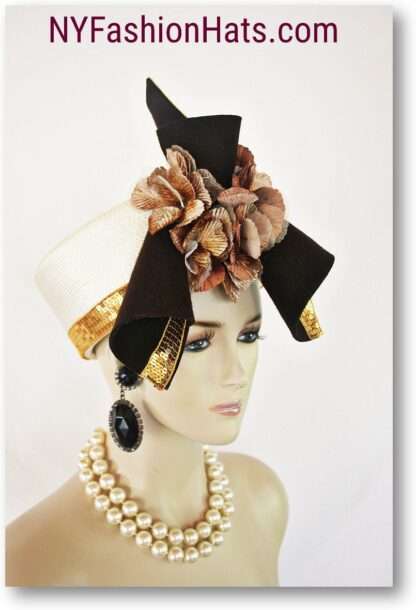 Couture Art Deco Vintage Flapper Inspired Ivory Brown Wool Sculptured Pillbox Hat.