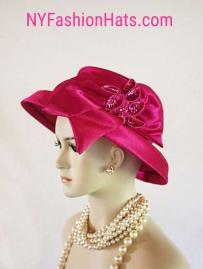 Women's Hot Pink Sequin Designer Satin Dress Hat, Elegant Weddings Church Formal Sabbath Hat, Hats For Holidays, NYFashionHats Millinery