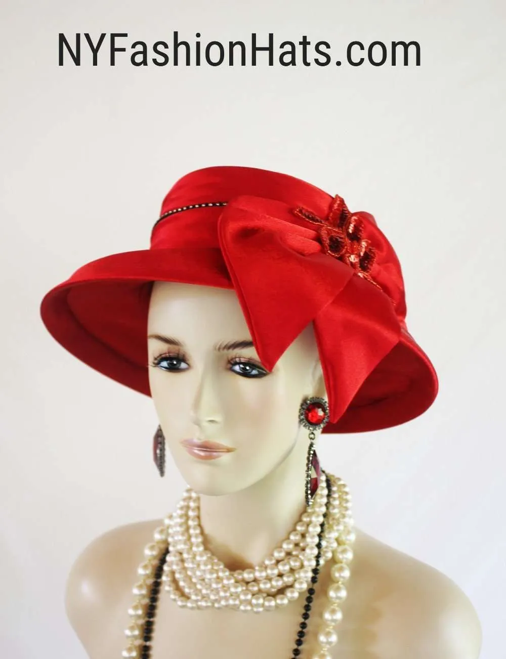 Women's Red Black Sequin Designer Satin Dress Hat, Elegant Wedding Church Formal Sabbath Hat, Hats For Holidays, NYFashionHats Millinery