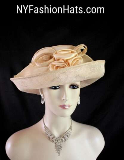 Women's Champagne Beige Designer Sinamay Straw Satin Dress Hat, Elegant Wedding Church Formal Sabbath Hat, Hats For Holidays, NYFashionHats - Image 3