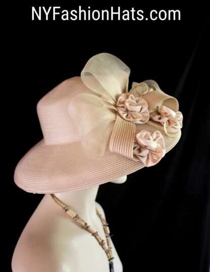 Luxury Statement Dress Hats, Motf Premium Couture Designer Camel Beige Satin Rosette Hat, NYFashionHats Millinery, Formal Wedding Hat, Penny - Image 4