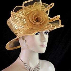 Women's Haute Couture Metallic Gold Sequin High Crown Designer Hat, Formal Wedding Bridal Hat, Sabbath Church Dress Hat, NYFashionHats Heidi