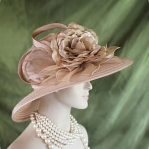 Women's Couture Beige Organza Satin Big Brim Wedding Hat, Bridal Headpiece, Hats For Brides, Hats For Horse Races, NYFashionHats Millinery