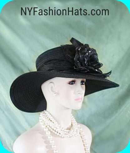 Women's Couture Black Organza Satin Big Brim Wedding Hat, Bridal Headpiece, Hats For Brides, Hats For Horse Races, NYFashionHats Millinery - Image 3