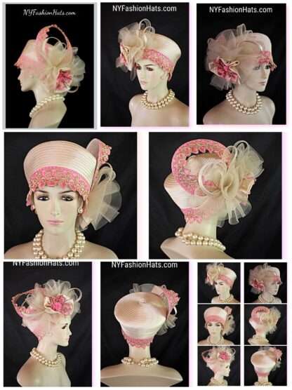 Couture Designer Luxury Pillbox Hat, Beige Pink Metallic Gold Formal Satin Hat, Mother Of The Bride Bridal Hat, NYFashionHats Millinery - Image 4