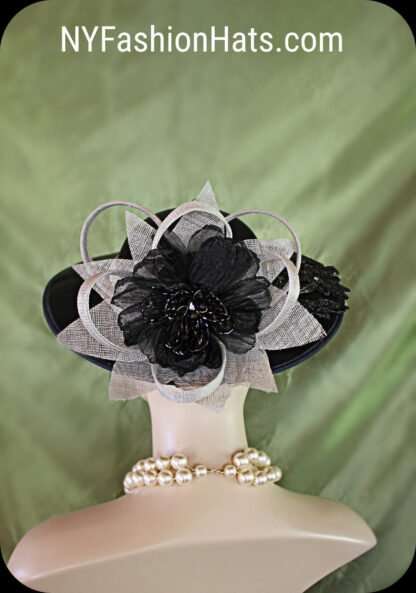 Black Satin Metallic Silver Haute Couture Statement Hat, Gray Sinamay Straw Formal Hat, Horse Races NYFashionHats Millinery Headwear Apparel - Image 9