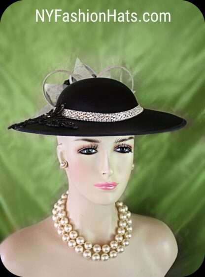 Black Satin Metallic Silver Haute Couture Statement Hat, Gray Sinamay Straw Formal Hat, Horse Races NYFashionHats Millinery Headwear Apparel - Image 5