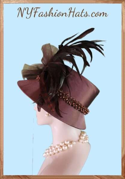 Avant Garde Brown Satin Haute Couture Hat, Abstract Brim Formal Church Hat, Dress Wedding Luxury Hat, NYFashionHats Millinery Headwear - Image 5