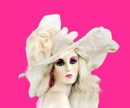 Ivory Large Sheer Brim Haute Couture Designer Hat With Feathers