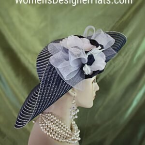 Ladies Navy Blue White Formal Hat For Wedding Special Occasion And Mother Of The Bride.