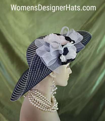 Ladies Navy Blue White Formal Hat For Wedding Special Occasion And Mother Of The Bride.