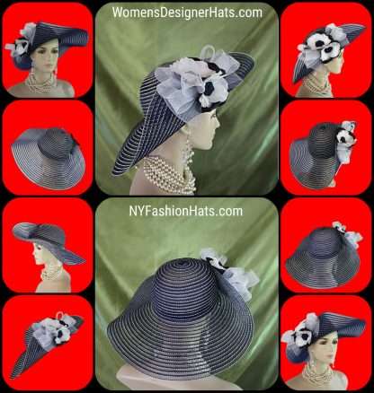 Ladies Navy Blue White Formal Wedding Occasion Dress Hat Designer Hats - Image 4