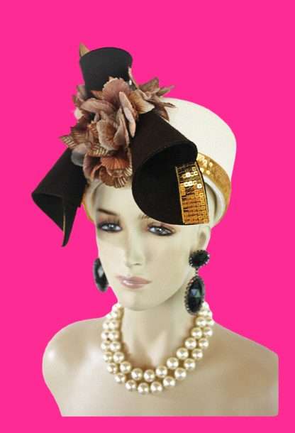 Couture Art Deco Vintage Flapper Inspired Ivory Brown Wool Sculptured Pillbox Hat.