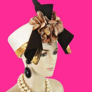 Couture Art Deco Vintage Flapper Inspired Ivory Brown Wool Sculptured Pillbox Hat.