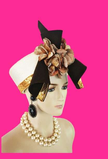 Couture Art Deco Vintage Flapper Inspired Ivory Brown Wool Sculptured Pillbox Hat.